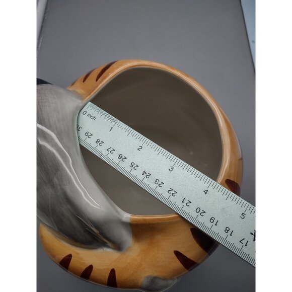 10" Orange Tabby Smiling Cat Holding Fish Ceramic Cookie Jar & Box, CKAO China - Picture 14 of 17